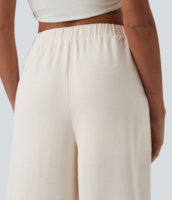 High Waisted Tie-front Linen-Feel Resort Baggy Pants with Pockets-Built-in Shorts