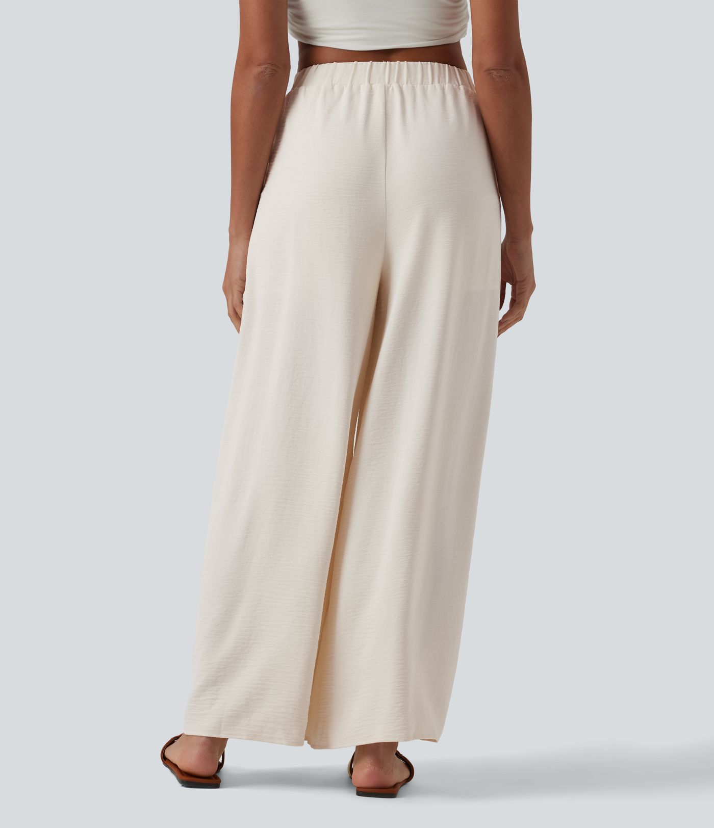 High Waisted Tie-front Linen-Feel Resort Baggy Pants with Pockets-Built-in Shorts