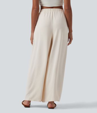 High Waisted Tie-front Linen-Feel Resort Baggy Pants with Pockets-Built-in Shorts