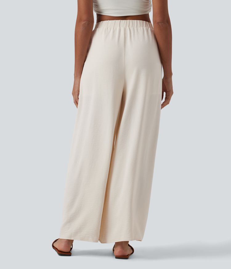 High Waisted Tie-front Linen-Feel Resort Baggy Pants with Pockets-Built-in Shorts