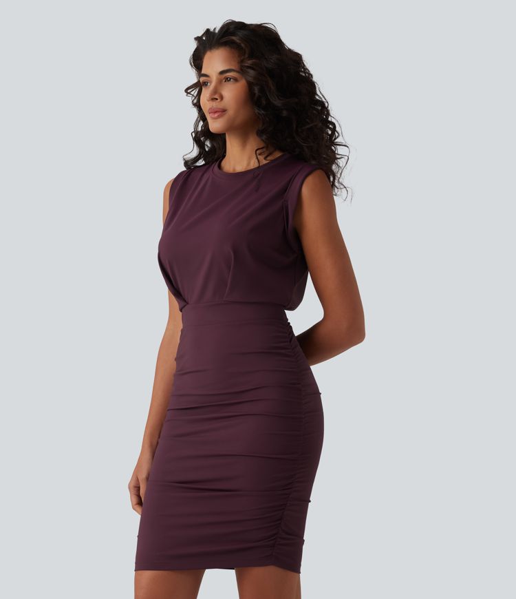 SoftlyZero™ Airy Round Neck Sleeveless Ruched Cool Touch Bodycon Mini Party Dress