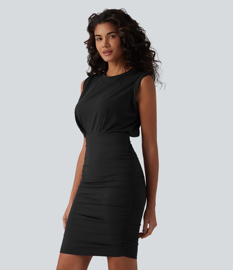 SoftlyZero™ Airy Round Neck Sleeveless Ruched Cool Touch Bodycon Mini Party Dress