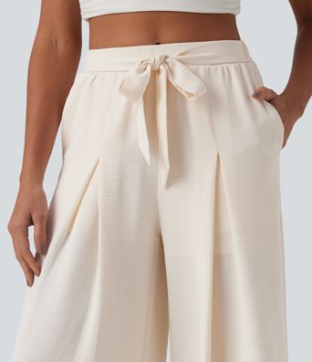High Waisted Tie-front Linen-Feel Resort Baggy Pants with Pockets-Built-in Shorts