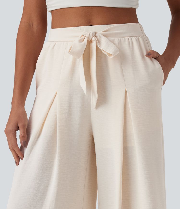 High Waisted Tie-front Linen-Feel Resort Baggy Pants with Pockets-Built-in Shorts