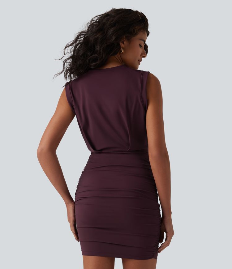 SoftlyZero™ Airy Round Neck Sleeveless Ruched Cool Touch Bodycon Mini Party Dress