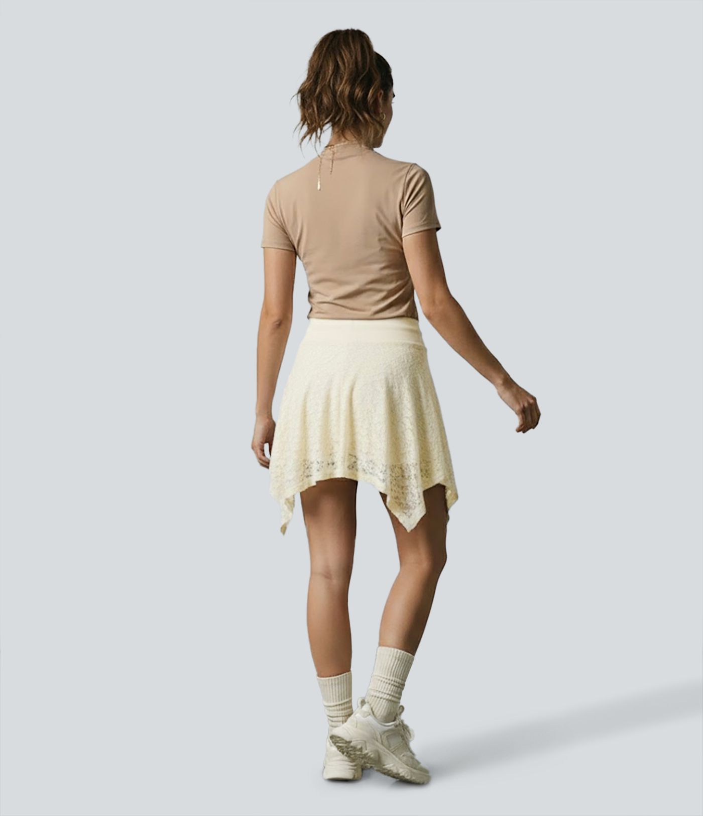 Jupe mini casual 2-en-1 taille mi-haute avec cordon de serrage, dentelle et ourlet asymétrique