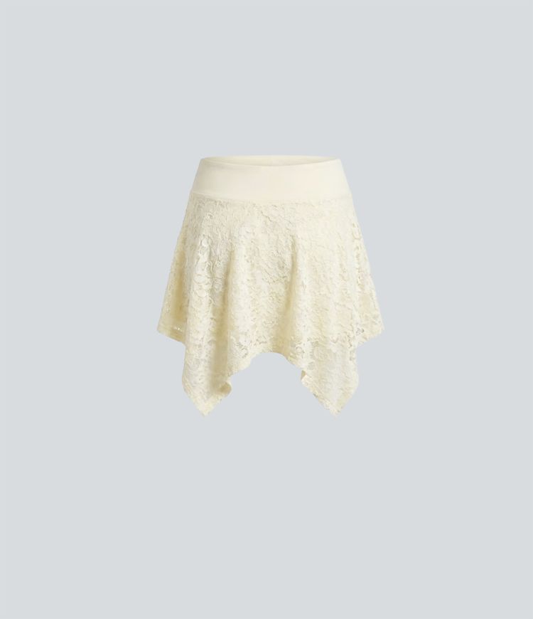 Jupe mini casual 2-en-1 taille mi-haute avec cordon de serrage, dentelle et ourlet asymétrique