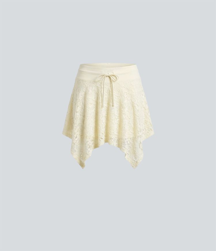 Jupe mini casual 2-en-1 taille mi-haute avec cordon de serrage, dentelle et ourlet asymétrique