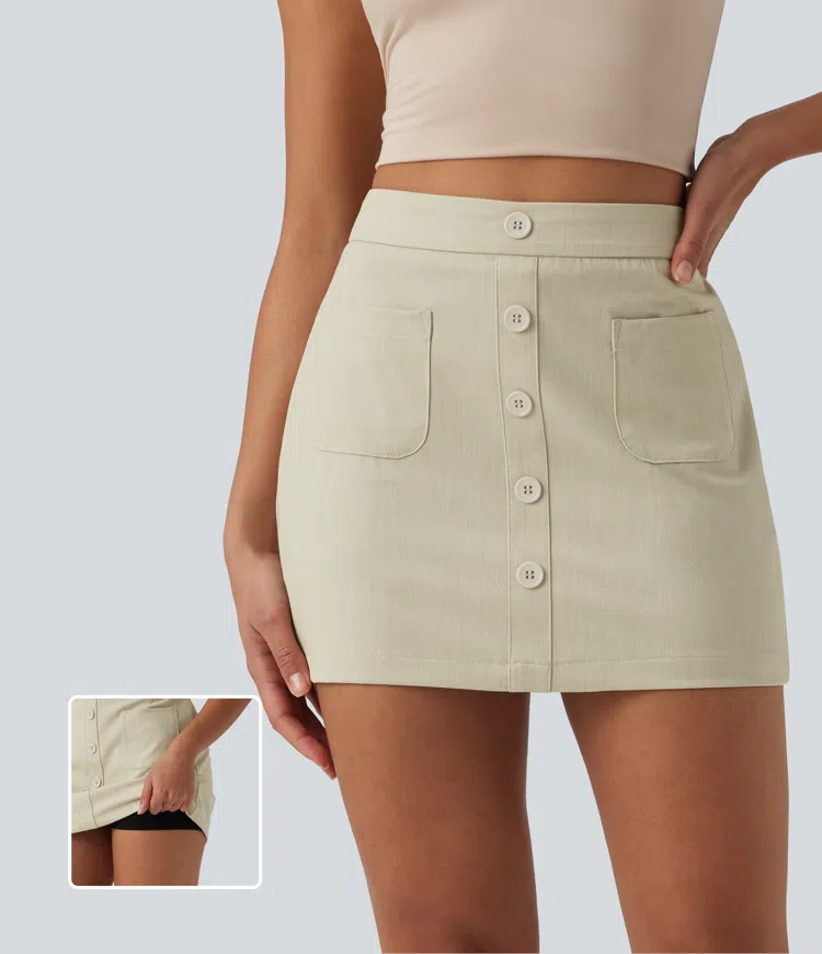 High-Waist 2-in-1 Minirock im Jeans-Look, figurbetont, mit unsichtbarem Reißverschluss und Taschen, lässig.