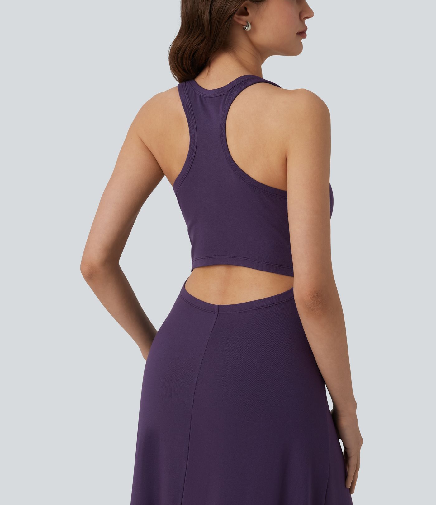 Racerback Sleeveless Ruched Built-in Bra Midi Casual Dress