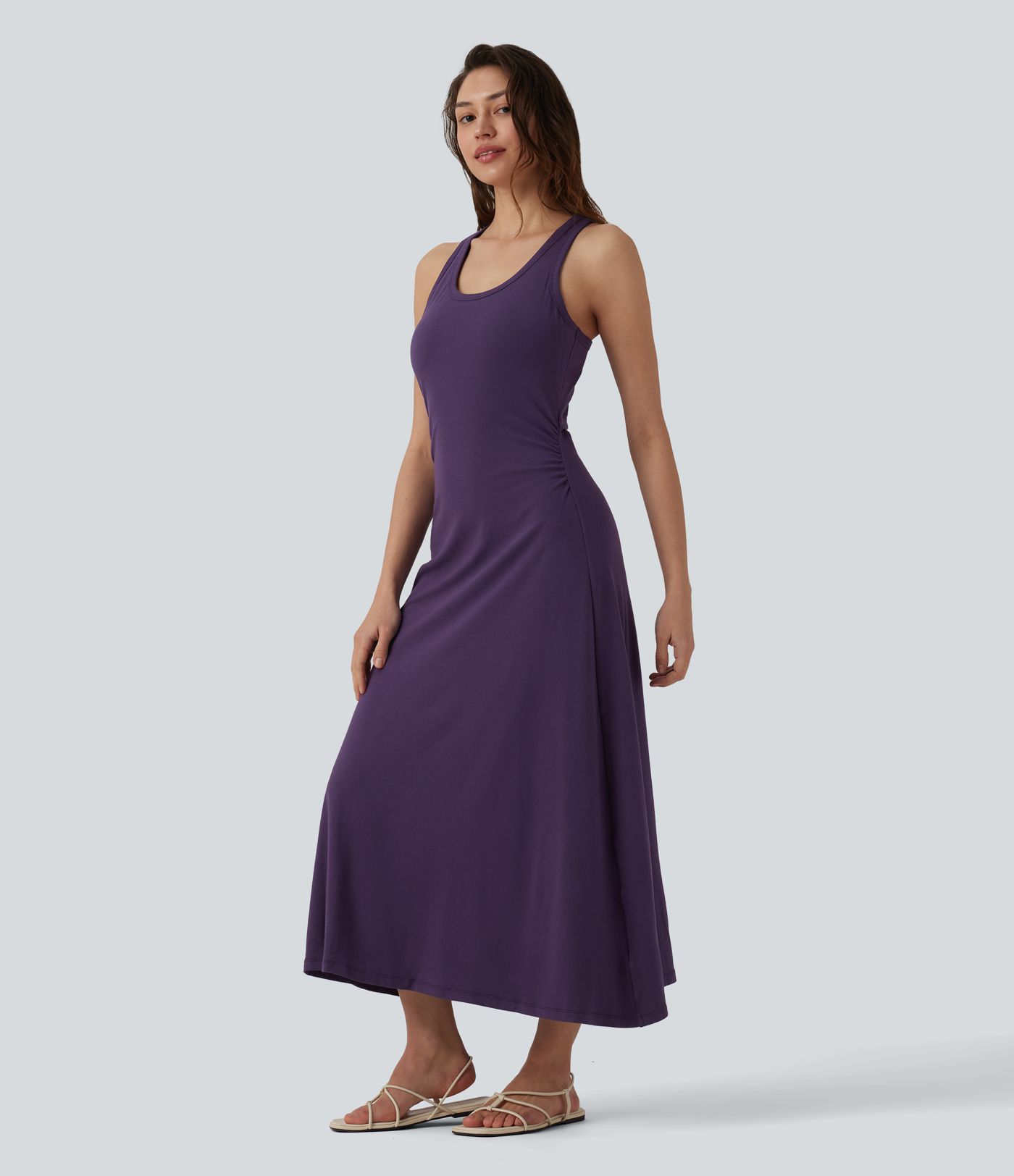 Racerback Sleeveless Ruched Built-in Bra Midi Casual Dress