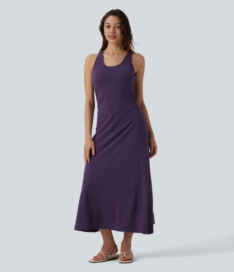 Racerback Sleeveless Ruched Built-in Bra Midi Casual Dress