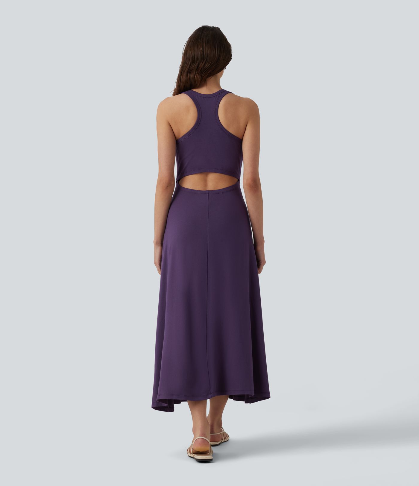 Racerback Sleeveless Ruched Built-in Bra Midi Casual Dress
