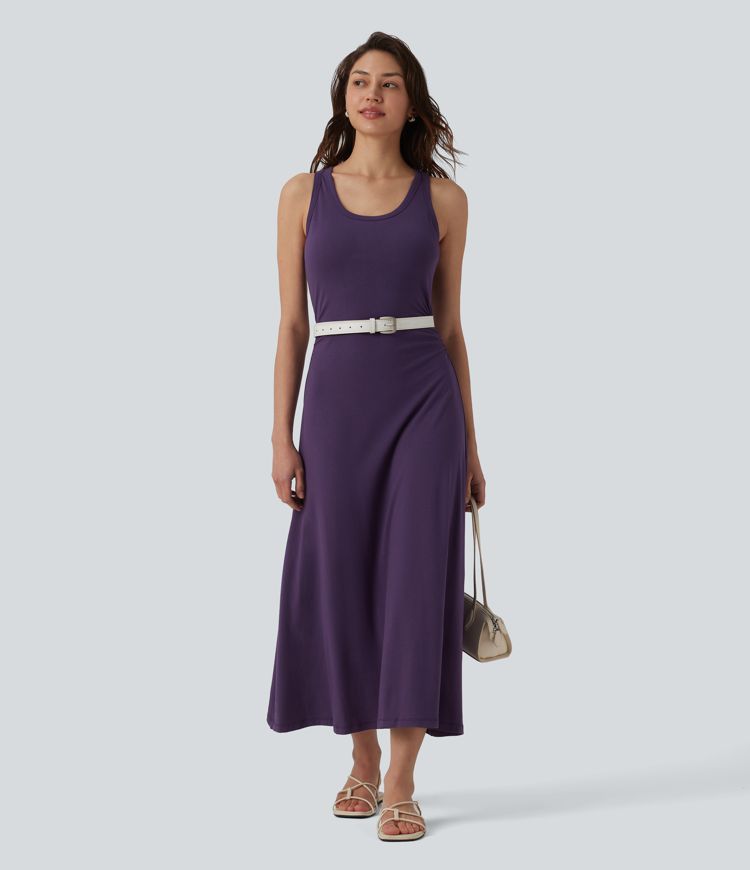 Racerback Sleeveless Ruched Built-in Bra Midi Casual Dress