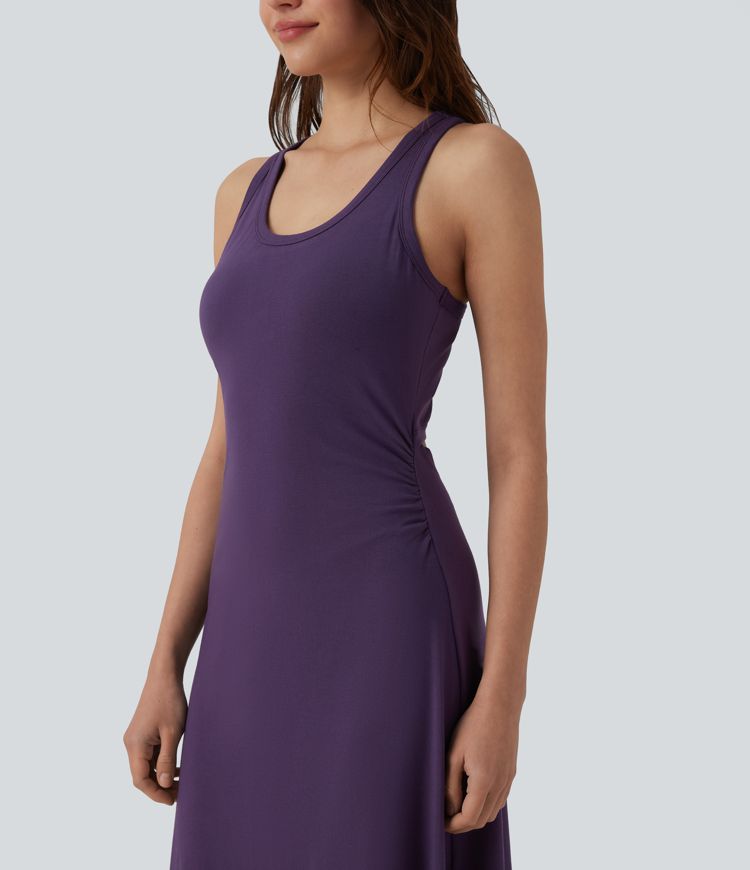 Racerback Sleeveless Ruched Built-in Bra Midi Casual Dress