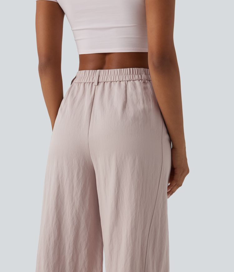High Waisted Cropped Casual Baggy Trousers with Pockets