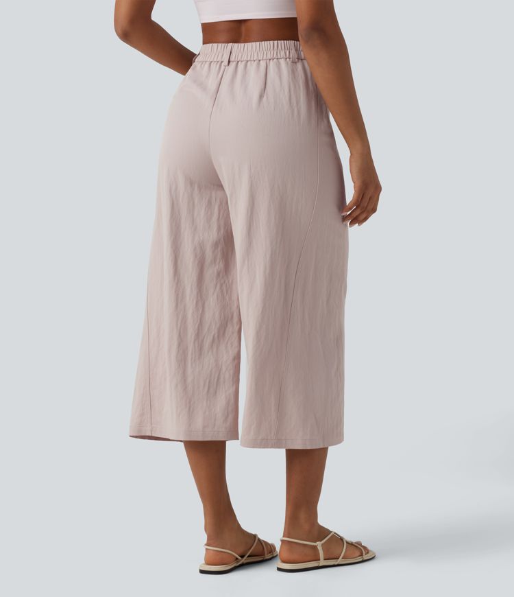 High Waisted Cropped Casual Baggy Trousers with Pockets