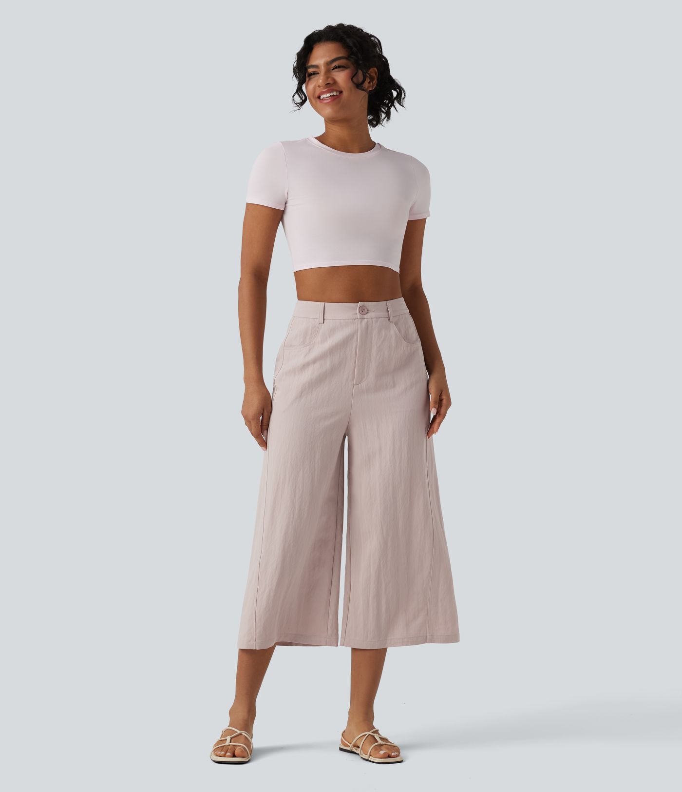High Waisted Cropped Casual Baggy Trousers with Pockets