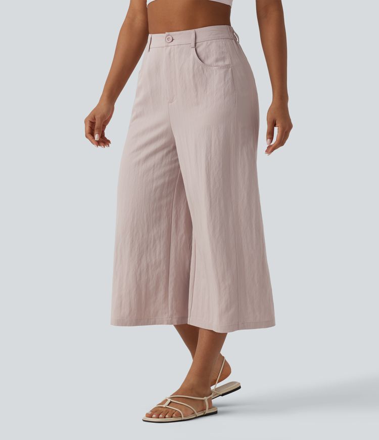 High Waisted Cropped Casual Baggy Trousers with Pockets