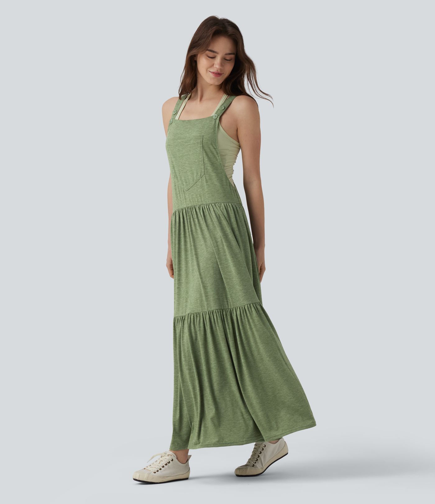 Adjustable Strap Sleeveless Flowy Maxi Casual Pinafore Dress with Pockets