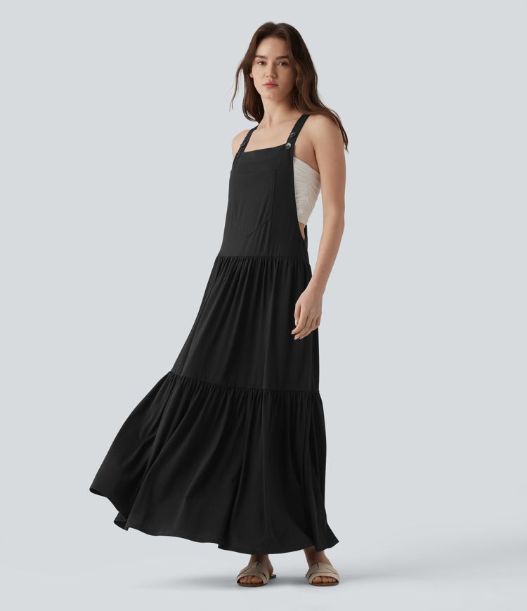 Adjustable Strap Sleeveless Flowy Maxi Casual Pinafore Dress with Pockets