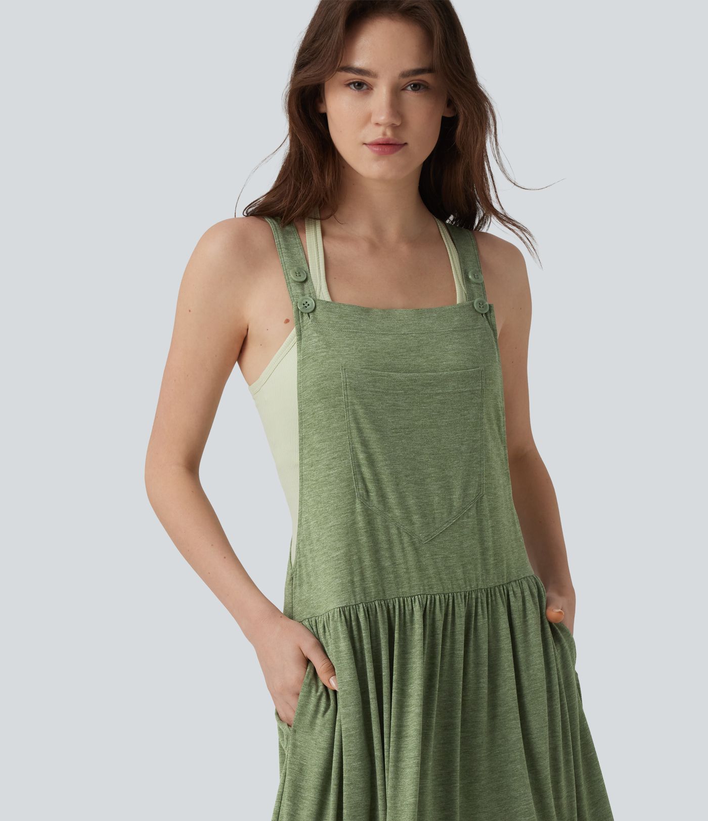 Adjustable Strap Sleeveless Flowy Maxi Casual Pinafore Dress with Pockets