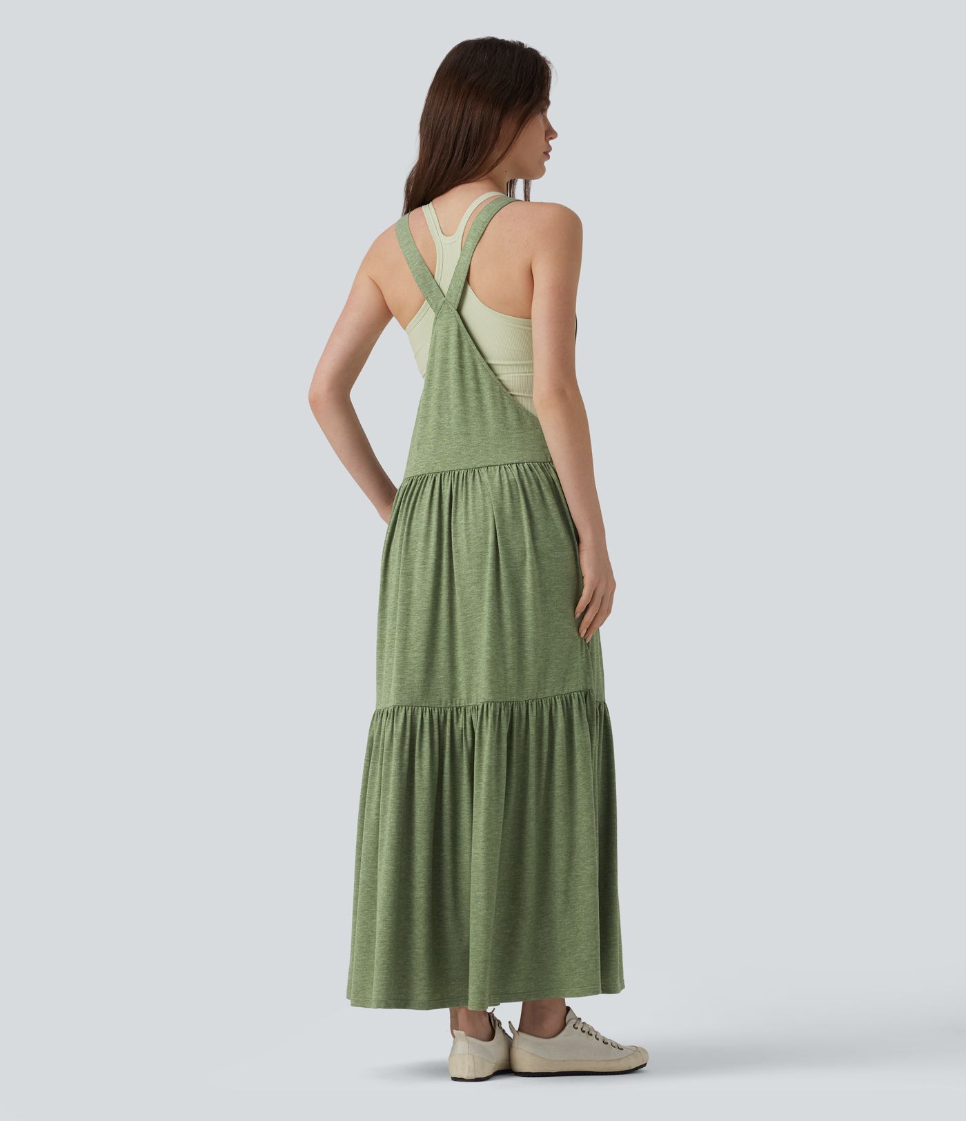 Adjustable Strap Sleeveless Flowy Maxi Casual Pinafore Dress with Pockets