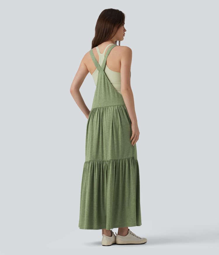 Adjustable Strap Sleeveless Flowy Maxi Casual Pinafore Dress with Pockets