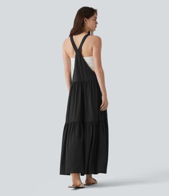 Adjustable Strap Sleeveless Flowy Maxi Casual Pinafore Dress with Pockets