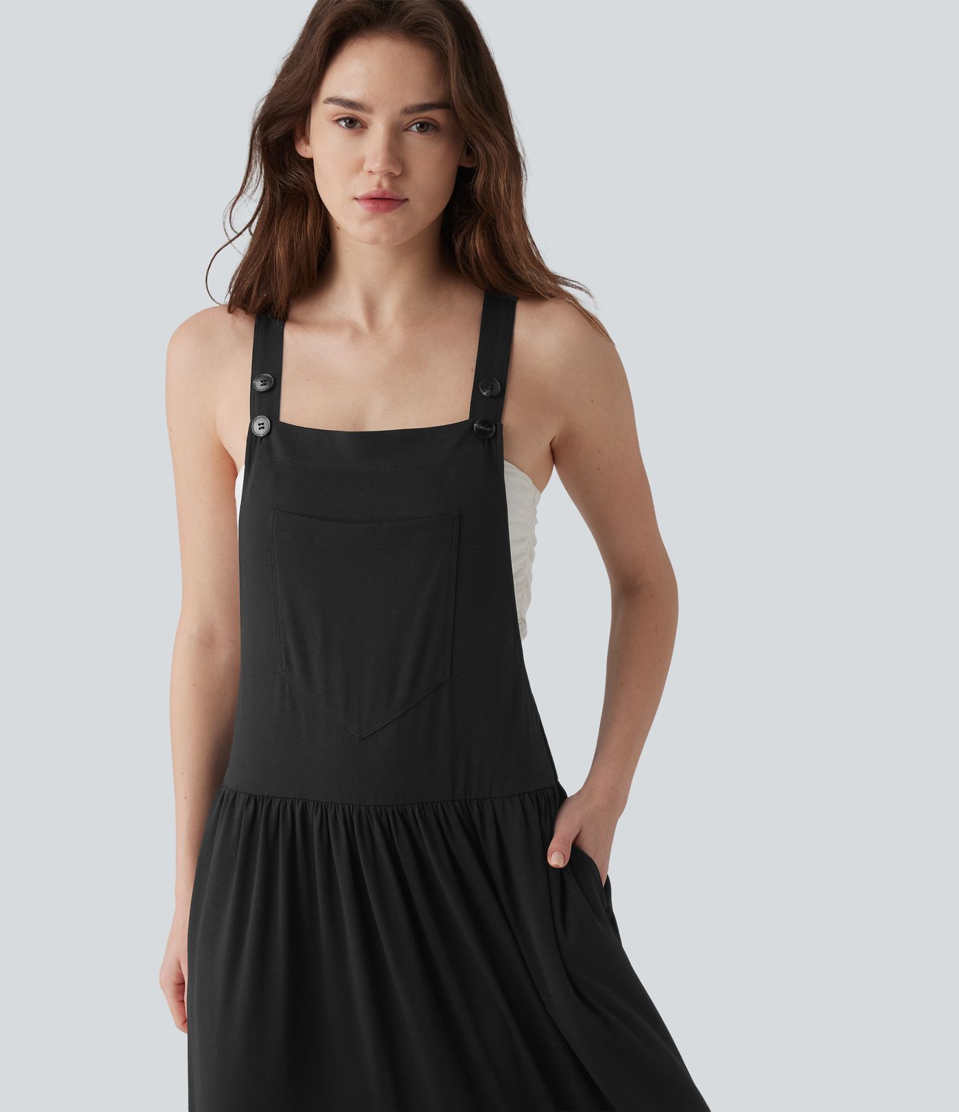 Adjustable Strap Sleeveless Flowy Maxi Casual Pinafore Dress with Pockets