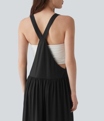 Adjustable Strap Sleeveless Flowy Maxi Casual Pinafore Dress with Pockets