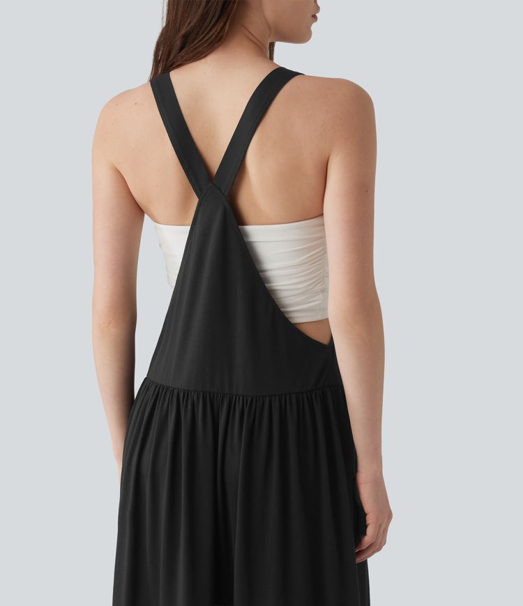 Adjustable Strap Sleeveless Flowy Maxi Casual Pinafore Dress with Pockets