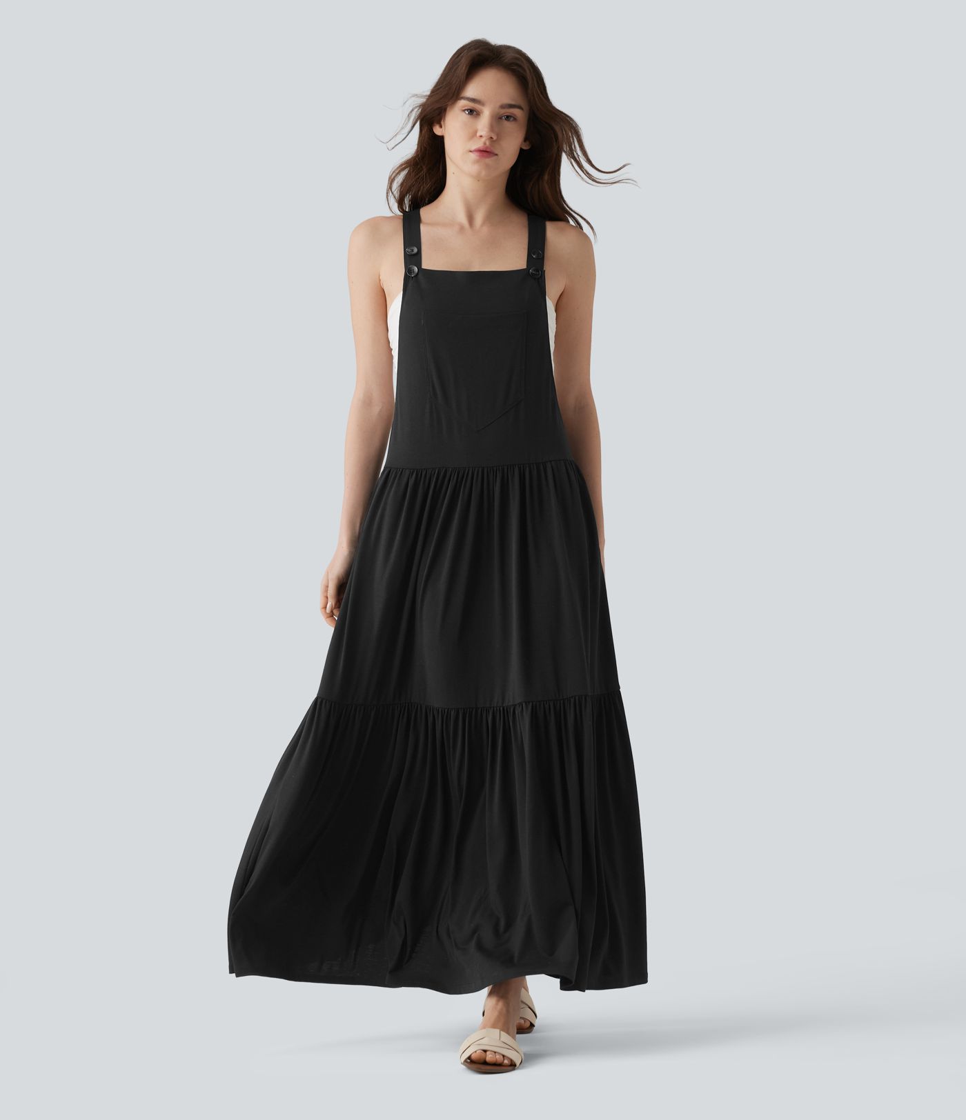 Adjustable Strap Sleeveless Flowy Maxi Casual Pinafore Dress with Pockets