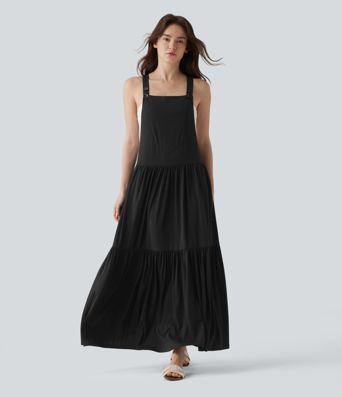 Adjustable Strap Sleeveless Flowy Maxi Casual Pinafore Dress with Pockets