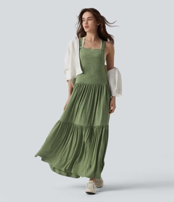 Adjustable Strap Sleeveless Flowy Maxi Casual Pinafore Dress with Pockets