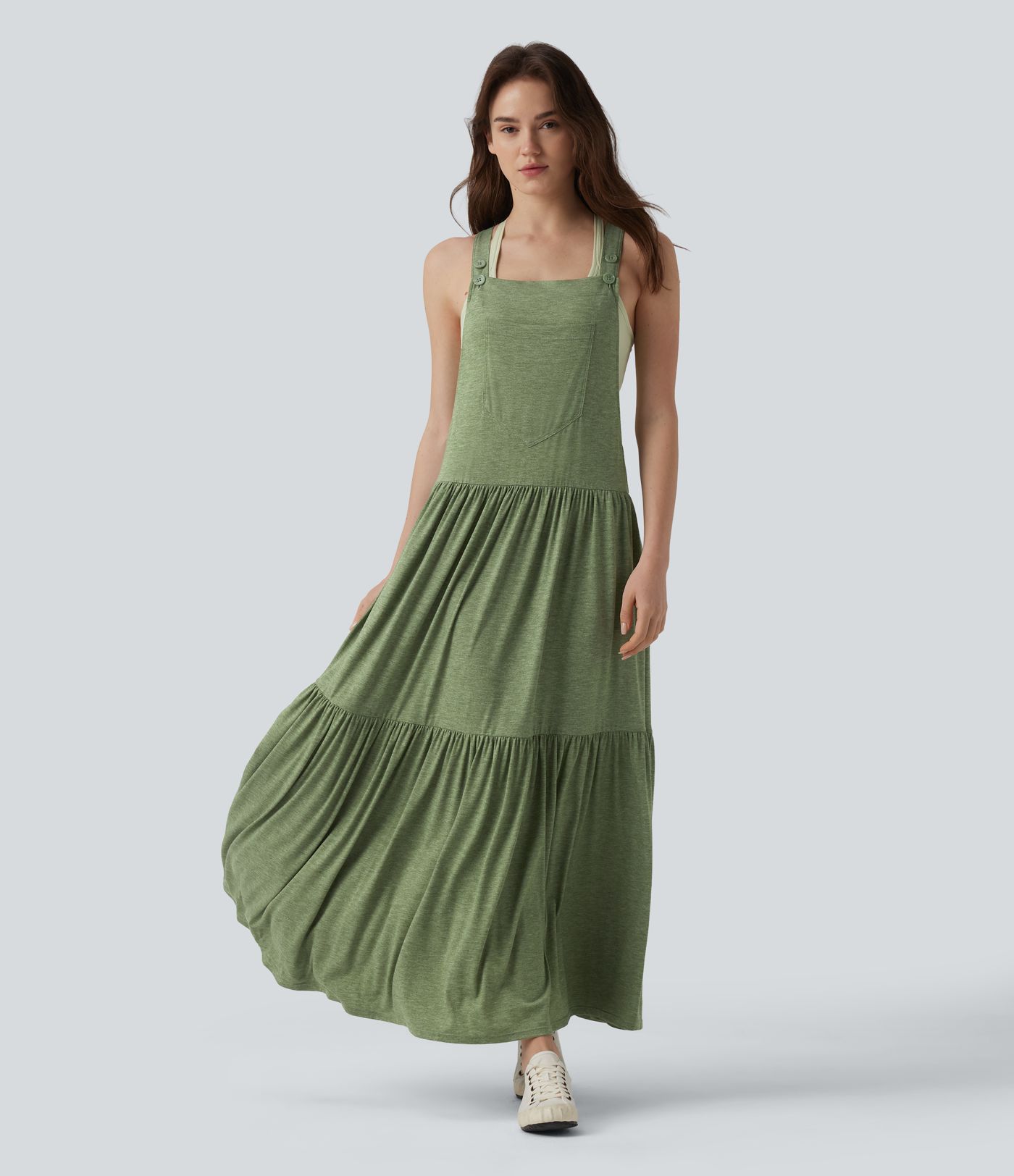 Adjustable Strap Sleeveless Flowy Maxi Casual Pinafore Dress with Pockets