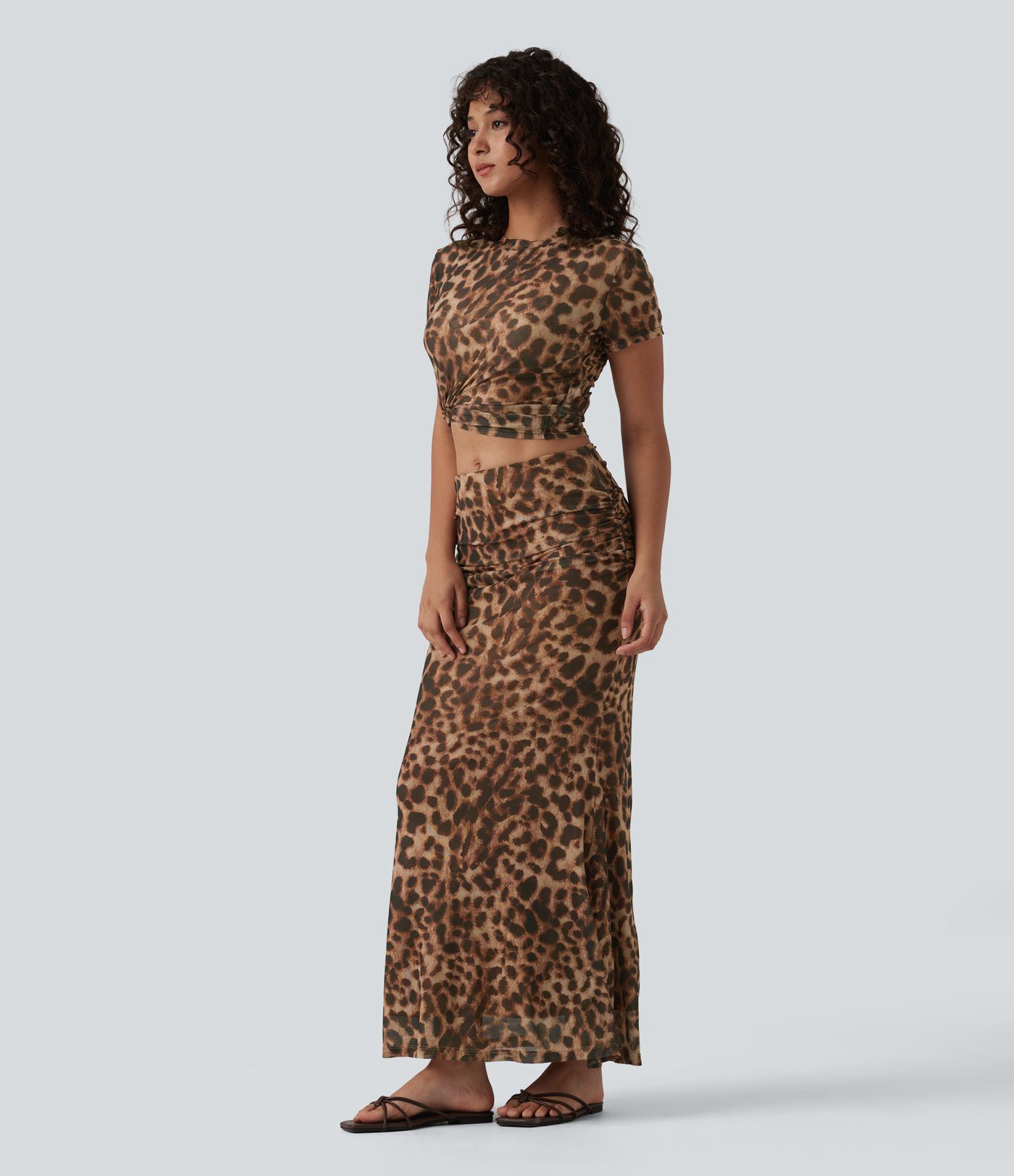 Mid Rise Ruched Mesh Leopard Print Maxi Party Mermaid Skirt
