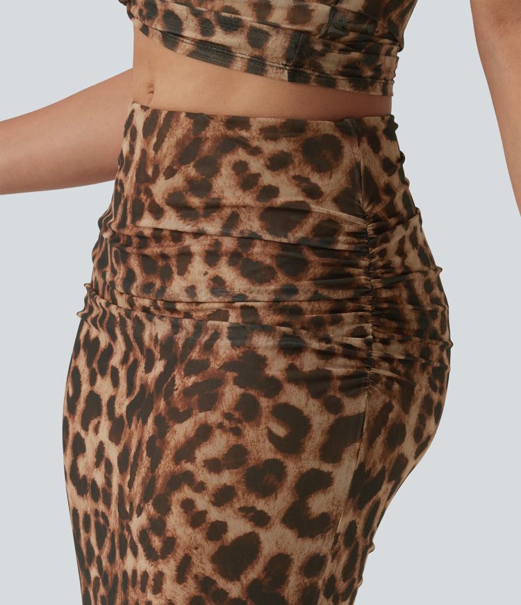 Mid Rise Ruched Mesh Leopard Print Maxi Party Mermaid Skirt