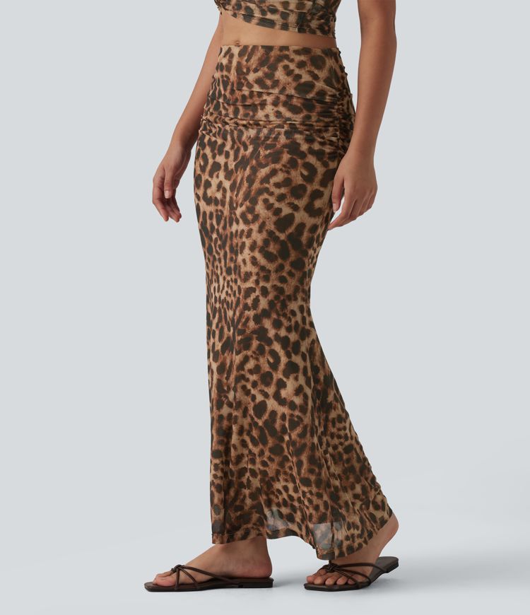 Mid Rise Ruched Mesh Leopard Print Maxi Party Mermaid Skirt