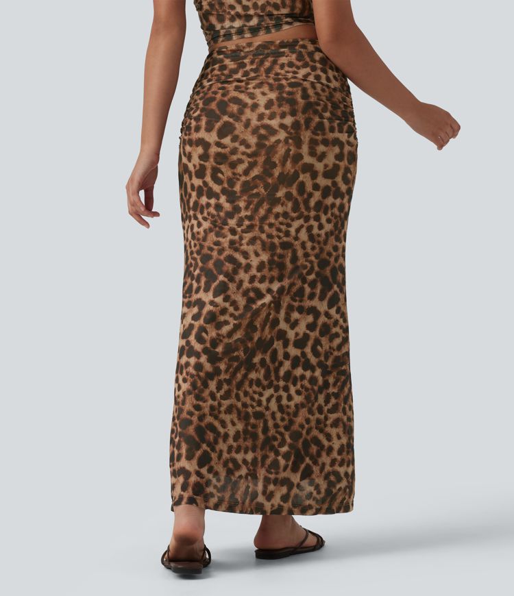 Mid Rise Ruched Mesh Leopard Print Maxi Party Mermaid Skirt