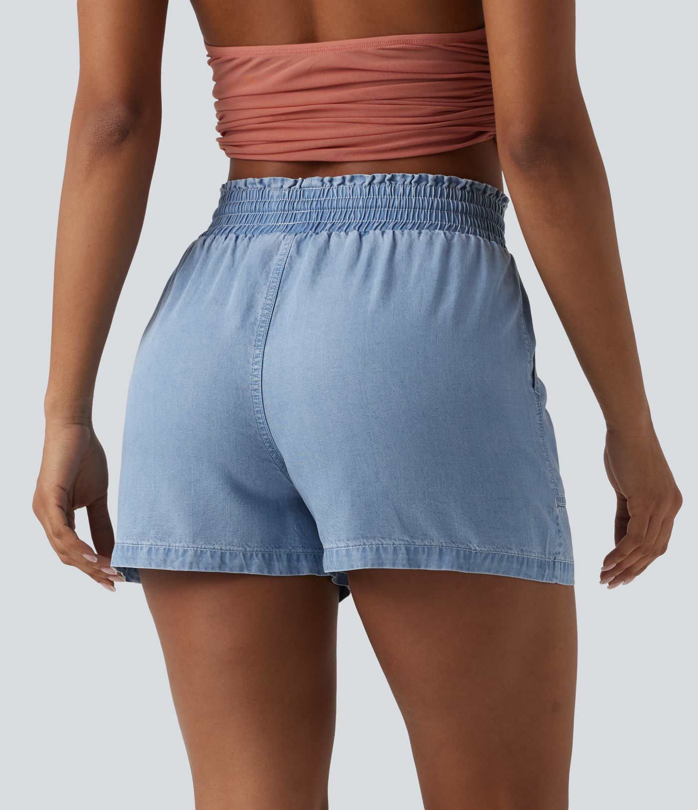 Shorts holgados vaqueros de tiro alto con cordón, adorno de volante, drapeado y bolsillos