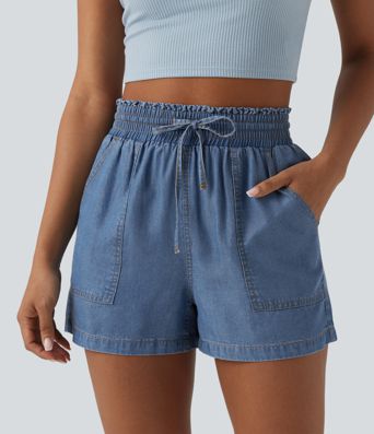 High Waisted Drawstring Frill Trim Draped Denim Casual Baggy Shorts with Pockets