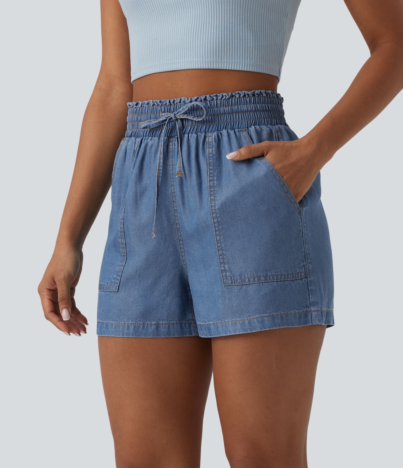 High Waisted Drawstring Frill Trim Draped Denim Casual Baggy Shorts with Pockets
