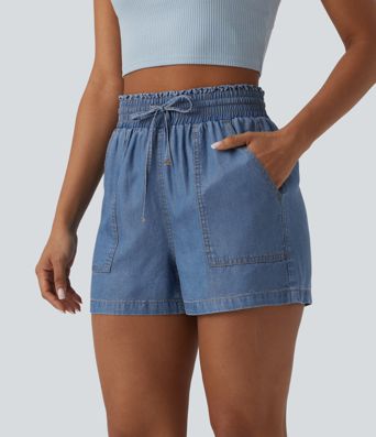 High Waisted Drawstring Frill Trim Draped Denim Casual Baggy Shorts with Pockets