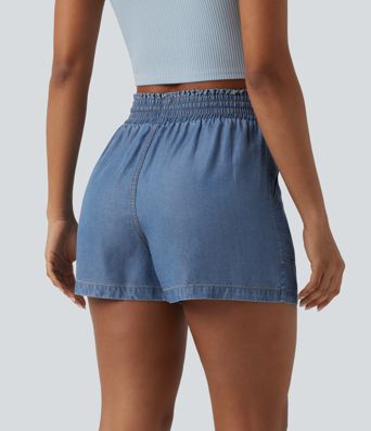 High Waisted Drawstring Frill Trim Draped Denim Casual Baggy Shorts with Pockets