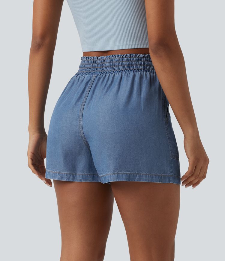 High Waisted Drawstring Frill Trim Draped Denim Casual Baggy Shorts with Pockets