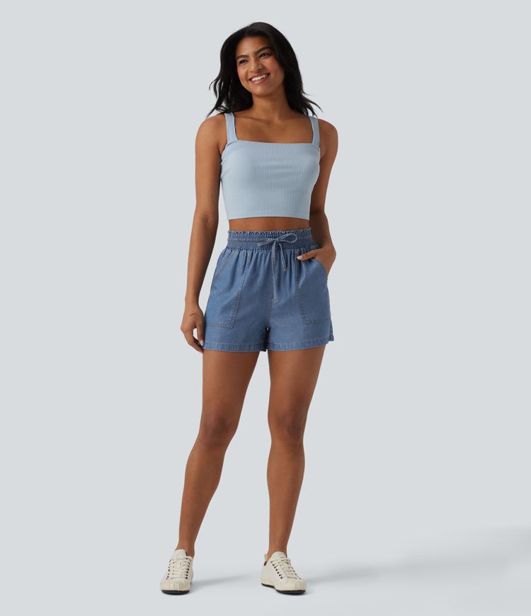 High Waisted Drawstring Frill Trim Draped Denim Casual Baggy Shorts with Pockets