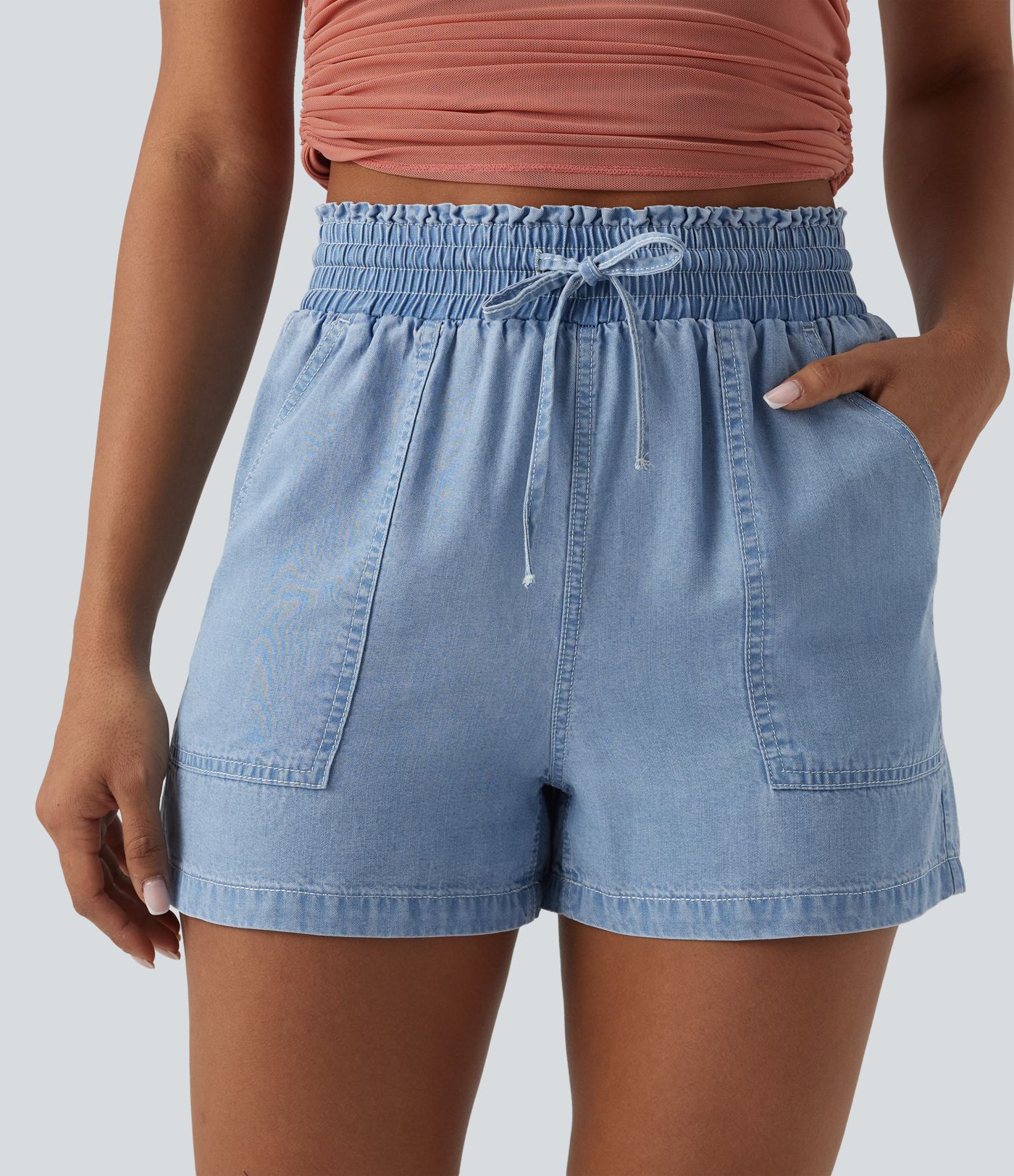 Shorts holgados vaqueros de tiro alto con cordón, adorno de volante, drapeado y bolsillos