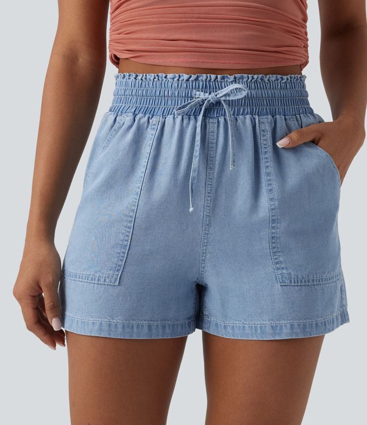 Shorts holgados vaqueros de tiro alto con cordón, adorno de volante, drapeado y bolsillos