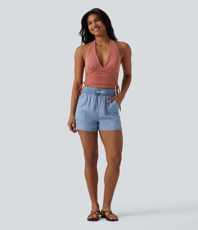 Shorts holgados vaqueros de tiro alto con cordón, adorno de volante, drapeado y bolsillos